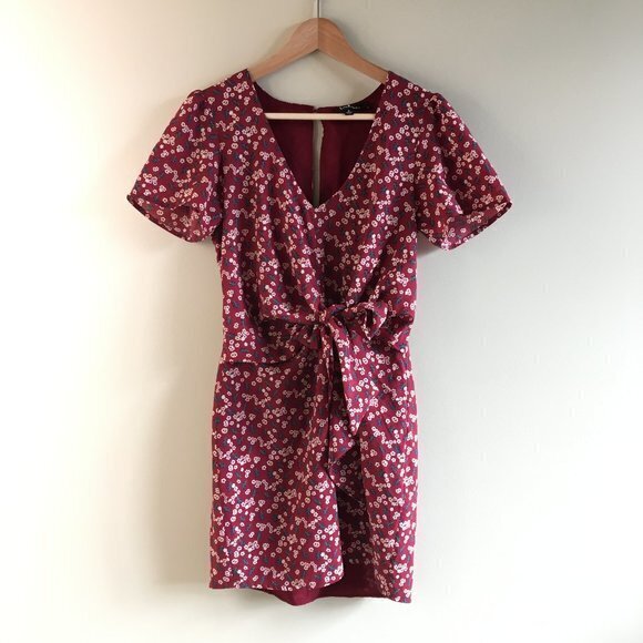 Lulus Floral Print Red Tie Front V Neck Mini Dress Short Sleeve Size S‎ O… - Picture 1 of 5